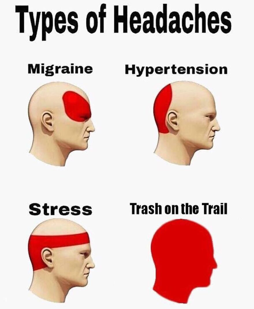 Diagram showing types of headaches including migraine, hypertension, stress, and trash on the trail, related to camping and hiking memes.