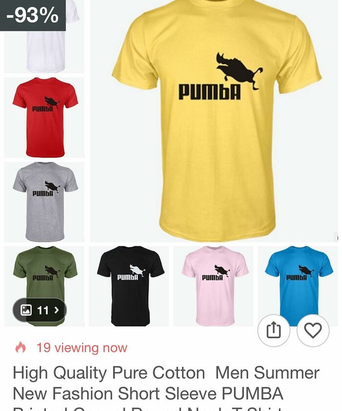 Yellow PUMBA T-shirt with a spoof logo, featured in surprising Wish shopping finds.