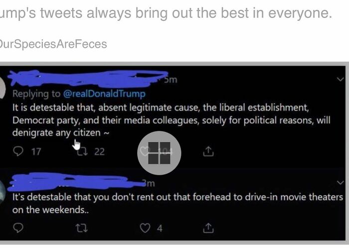 Screenshot of tweets, one including a rare burn: It's detestable that you don't rent out that forehead to drive-in movie theaters on the weekends.