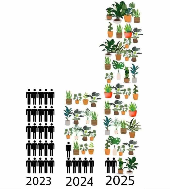 A crazy plant parent meme showing how the number of plants grows from 2023-2025, while the number of people shrinks.