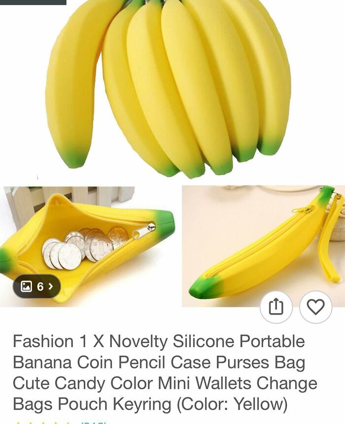 Banana-shaped silicone coin purse shown open with coins and closed, highlighting unique Wish shopping find.