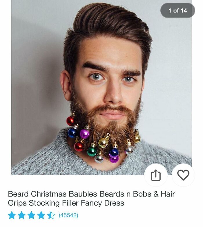 Man with beard decorated with colorful Christmas baubles, a surprising find while shopping on Wish online.