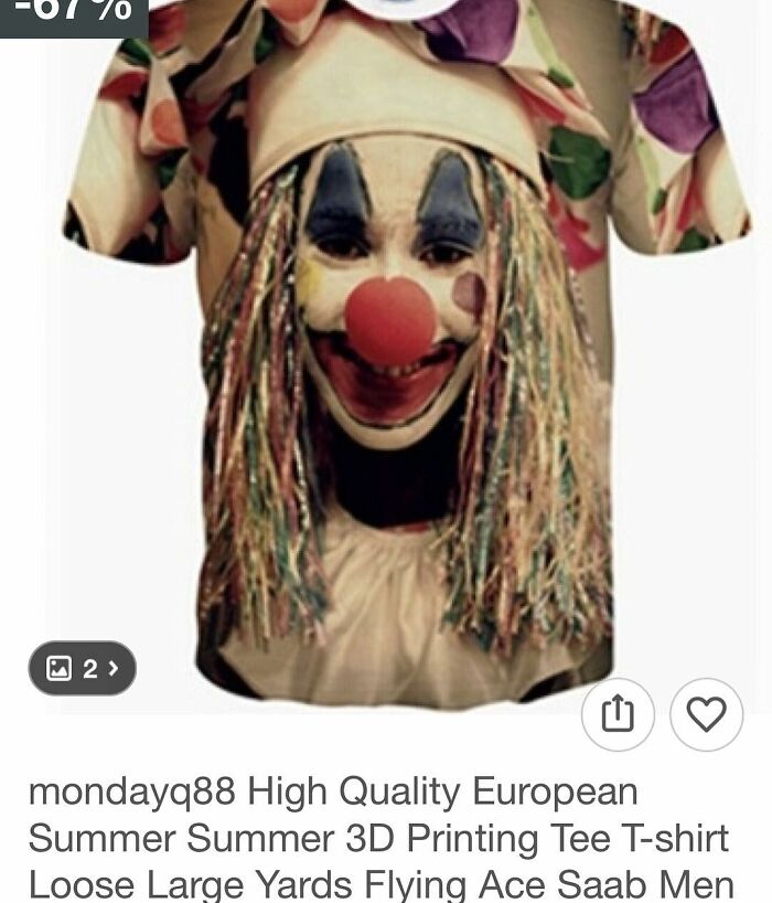 T-shirt with a 3D clown face print featuring colorful hair and makeup, surprising shoppers on Wish.