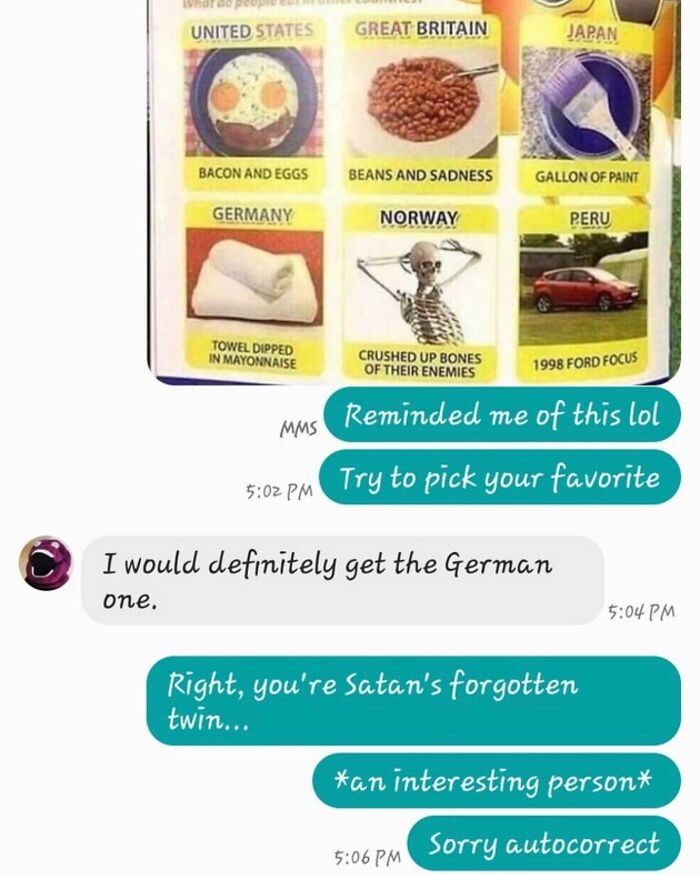 A humorous text exchange about strange food choices globally, delivering rare burns.