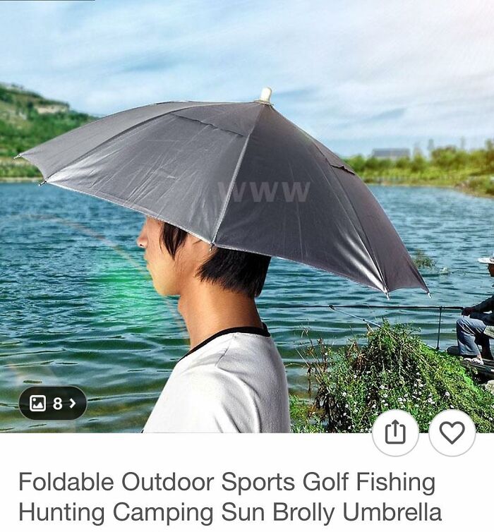 Person wearing a foldable outdoor sports umbrella hat while fishing by a lake, highlighting surprising Wish shopping finds.