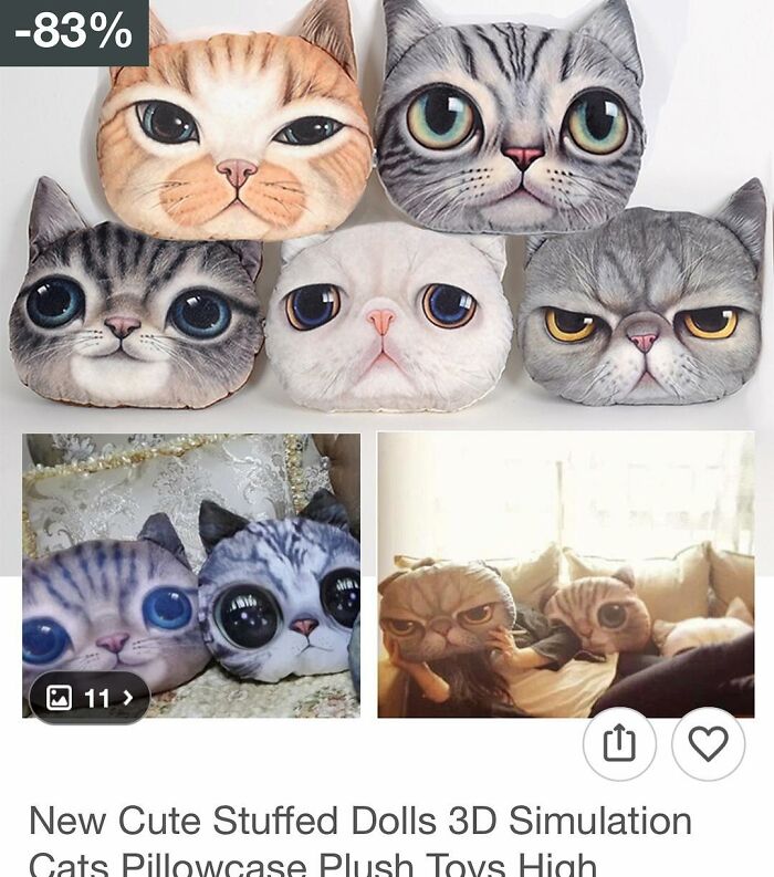 Plush cat face pillows with 3D simulation design, showcasing unusual shopping finds on Wish site.