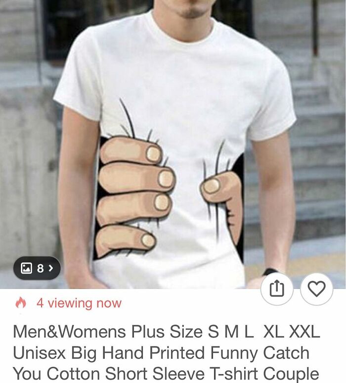Man wearing a funny big hand printed cotton t-shirt while shopping on Wish causing disbelief