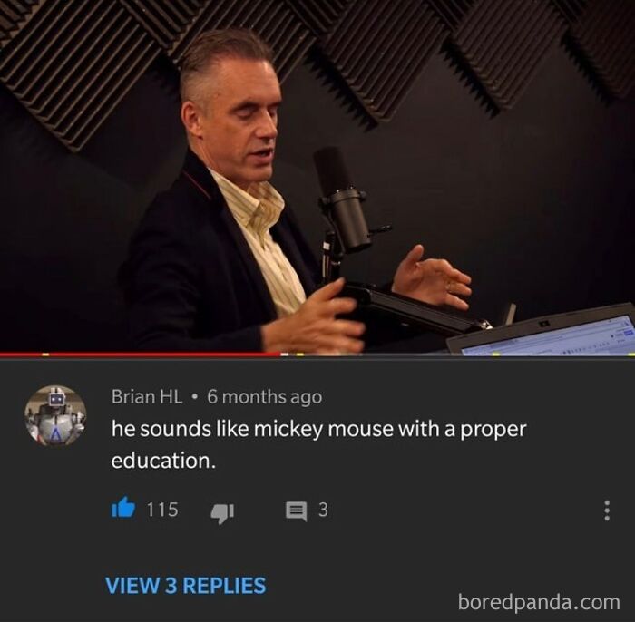 A man speaking into a microphone, with a YouTube comment below him that says he sounds like Mickey Mouse. This is one of the rare burns.