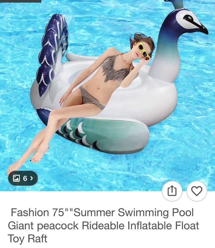 Woman relaxing on a giant peacock inflatable float in a pool, a surprising shopping find on Wish.