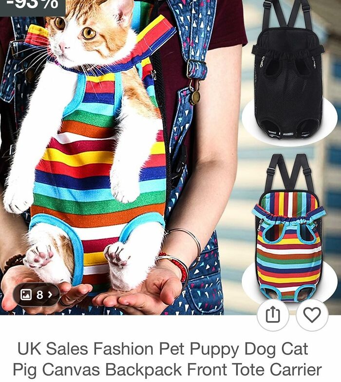 Cat in a colorful striped pet carrier backpack for hands-free shopping on Wish.