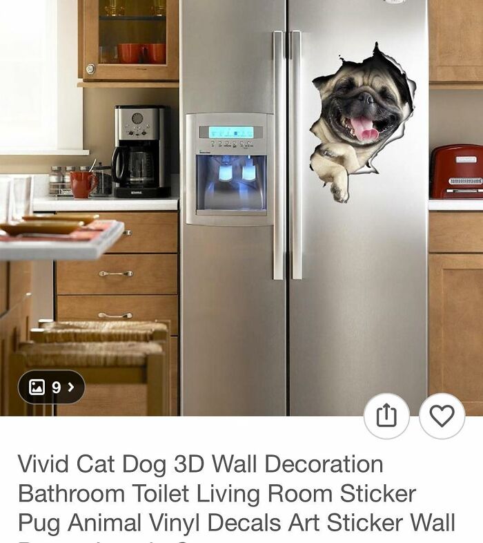 Pug 3D wall sticker decal on kitchen fridge, surprising shoppers with realistic pet decoration from Wish.