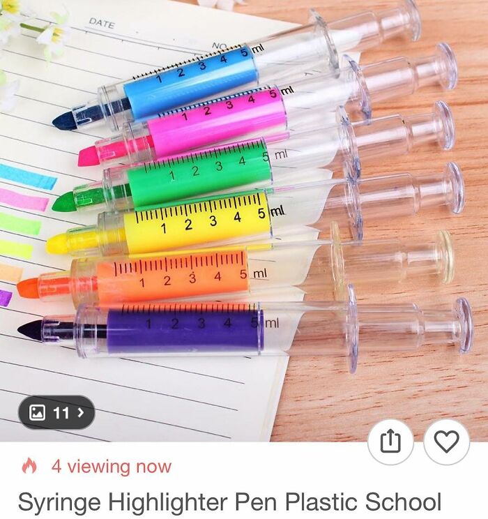 Colorful syringe highlighter pens arranged on paper, a surprising and unique item found while shopping on Wish.