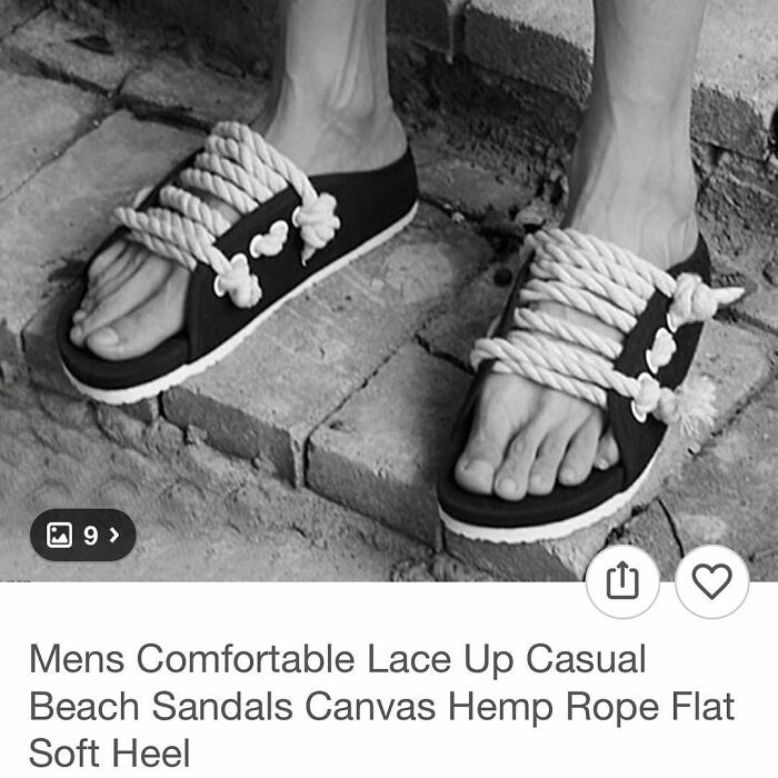 Close-up of unusual rope lace-up sandals on feet, illustrating surprising finds while shopping on Wish.