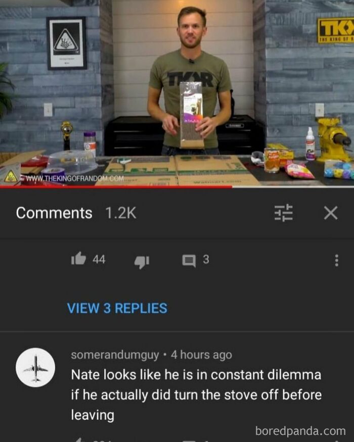 A man holding a product on a video with a comment below that's a rare burn.