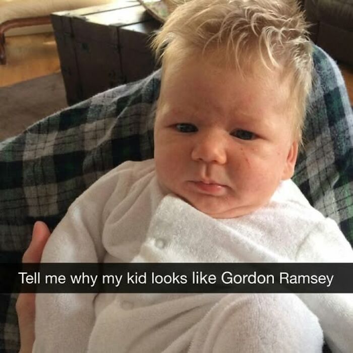 Baby with spiky hair and a serious expression included in a collection of food memes with quick chuckles.