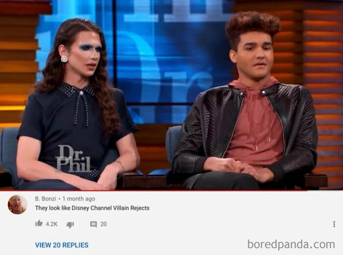 A person with long brown hair and dramatic makeup sits next to a young man, a rare burn comment below.
