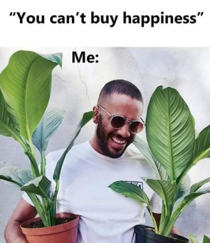 A smiling man in sunglasses holds two potted plants, illustrating a crazy plant parent meme.