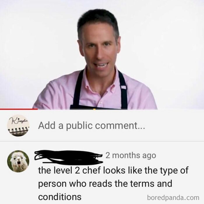 A man in a pink shirt and apron, with a YouTube comment beneath him, featuring a rare burn.