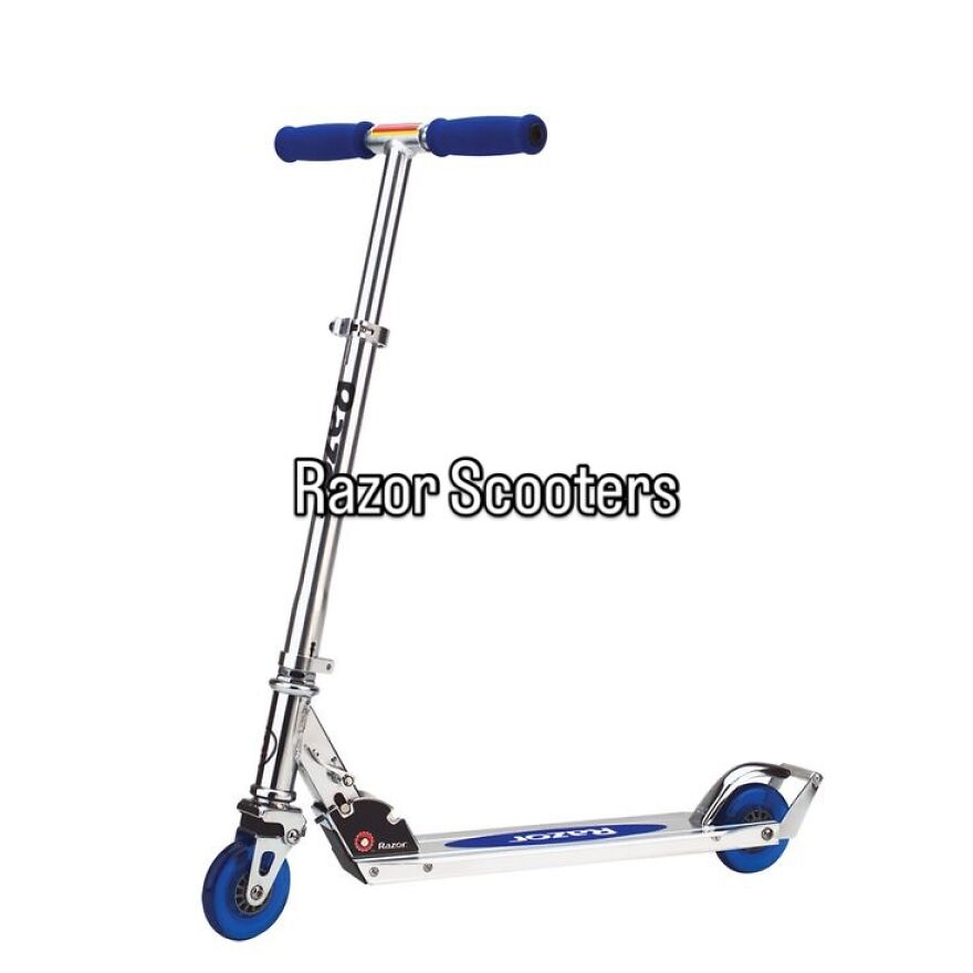 A shiny silver Razor scooter with blue handles and wheels, a nostalgic photo capturing the vibe of growing up in the 2000s.