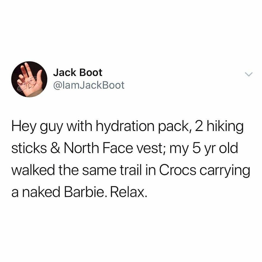 Twitter post humor about hiking gear contrasts a child hiking in Crocs with a naked Barbie, highlighting camping and hiking memes.