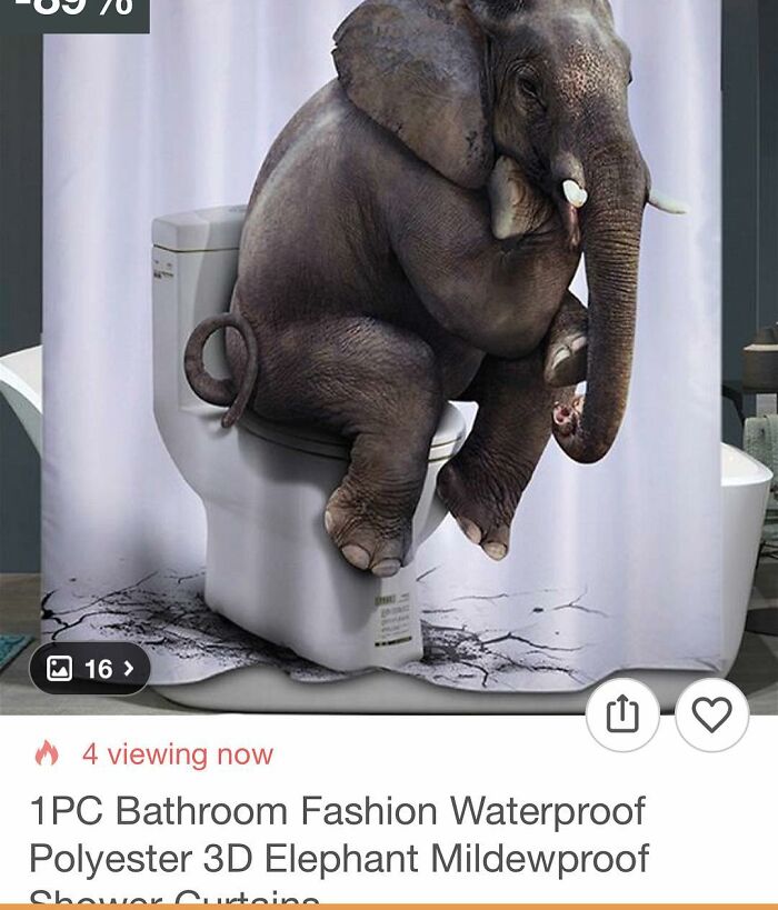 Shower curtain with a 3D elephant sitting on a toilet, a funny and surprising Wish shopping find.