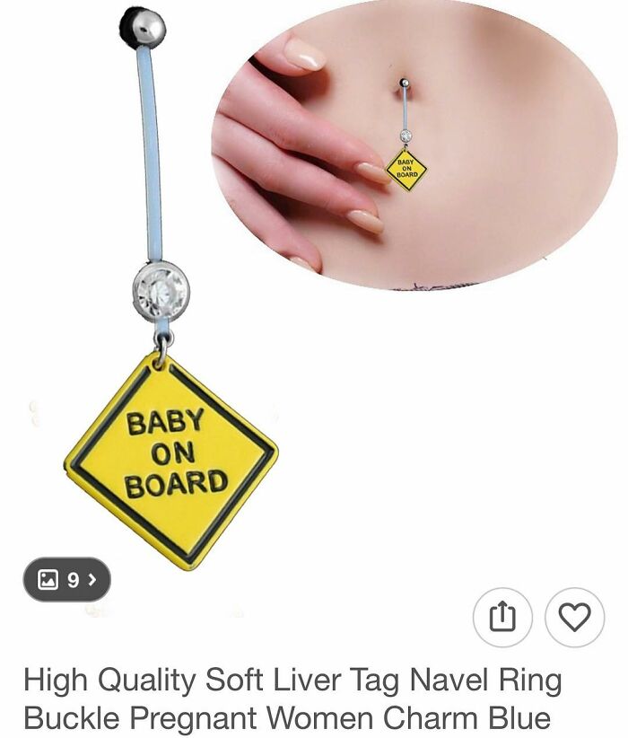Yellow Baby On Board charm navel ring belly button piercing shown on a bare abdomen from Wish shopping.