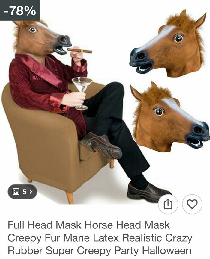Person sitting in chair wearing a realistic horse head mask, holding a cigar and martini, surprising Wish shoppers.
