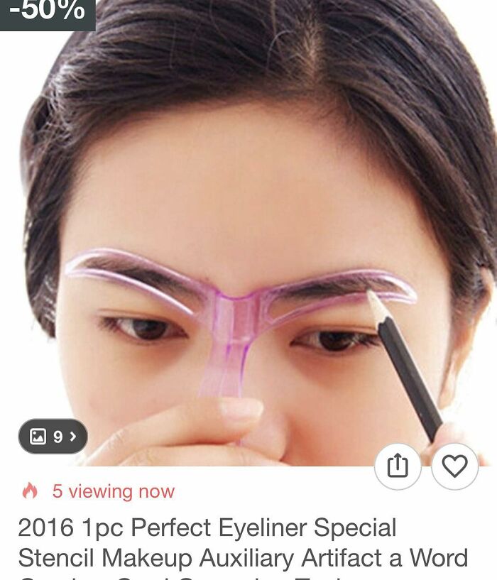 Woman using a plastic eyebrow stencil while shopping on Wish for makeup tools offering discount.