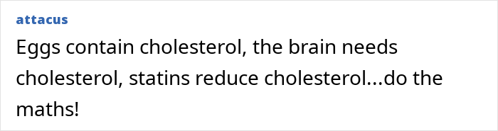 Uma caixa de texto com anexo de texto azul e texto preto sobre ovos, colesterol e estatinas, relacionados ao tratamento de Alzheimer.