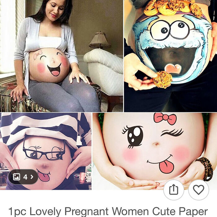 Pregnant women’s bellies painted with fun faces and designs, showcasing surprising creativity found while shopping on Wish.