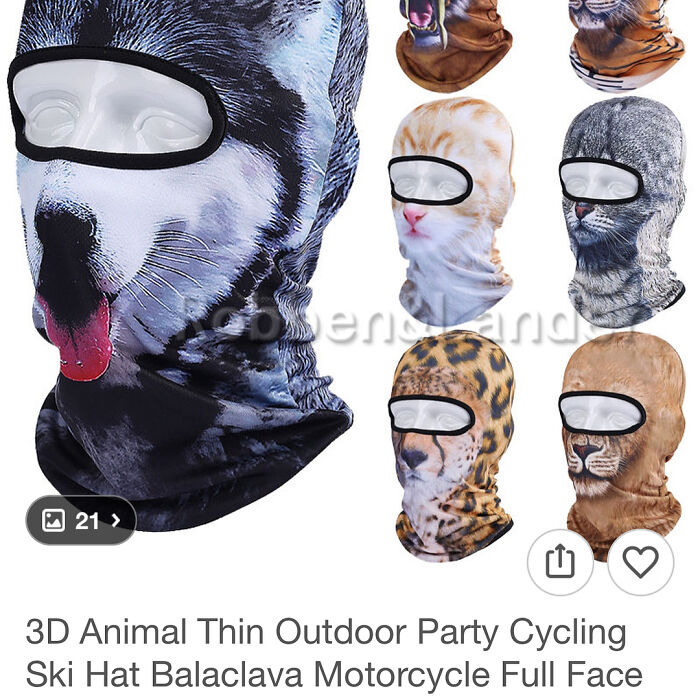 3D animal face balaclavas showing dogs, cats, and wild animals, a surprising shopping find on Wish.