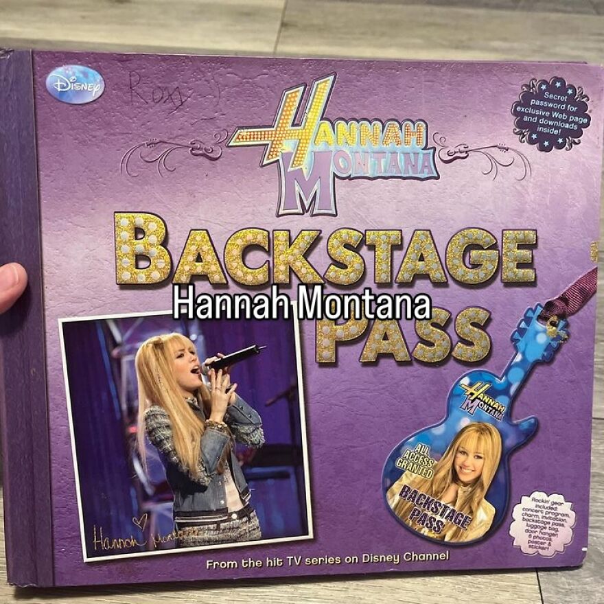 A Hannah Montana Backstage Pass kit, a nostalgic photo capturing the vibe of growing up in the 2000s.