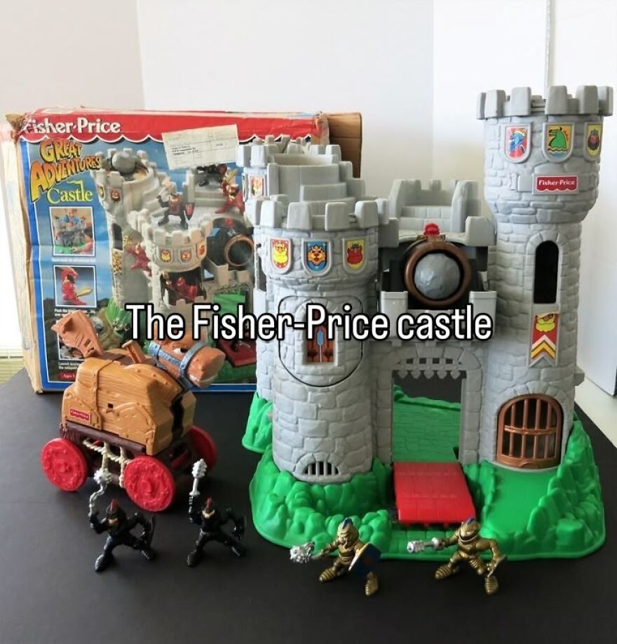 A Fisher-Price Great Adventures Castle, boxed, with figures & siege engine. A nostalgic photo of growing up in the 2000s.
