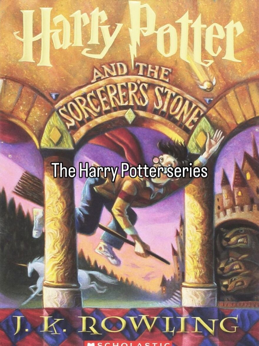 The iconic cover of Harry Potter and the Sorcerer's Stone, a nostalgic photo capturing the vibe of growing up in the 2000s.
