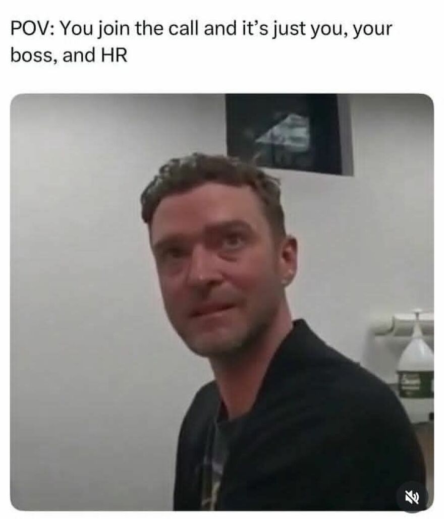 Man looking awkward during a video call with boss and HR, illustrating work memes about job frustrations.