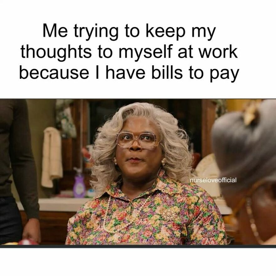 Woman in floral shirt with glasses trying to keep her thoughts to herself at work in a relatable work meme.
