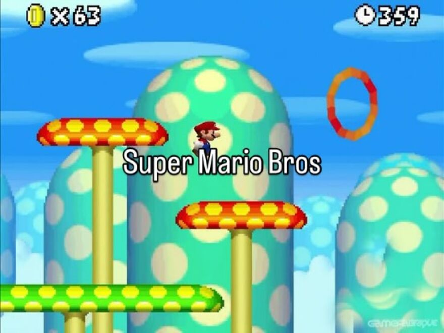 A 2000s nostalgic screenshot of Super Mario Bros., with Mario jumping between mushroom platforms in a blue sky.