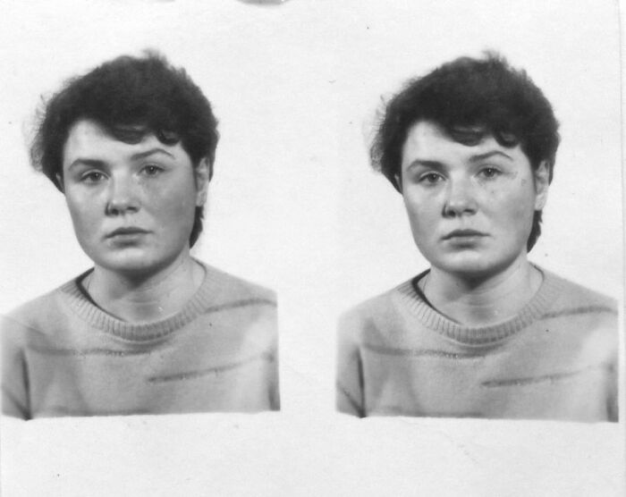 Two black and white portrait photos of a woman with short hair, representing personal stories about their moms.