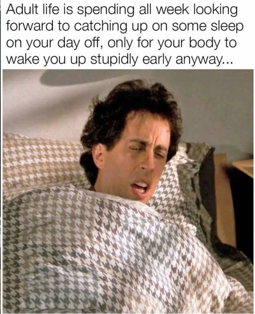 Man in bed looking groggy with meme text about waking up early, illustrating work memes for those who wish they didn’t have a job