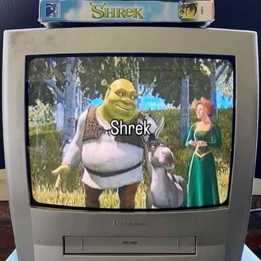 A nostalgic 2000s vibe, showing Shrek playing on an old CRT TV, with the Shrek VHS tape on top.