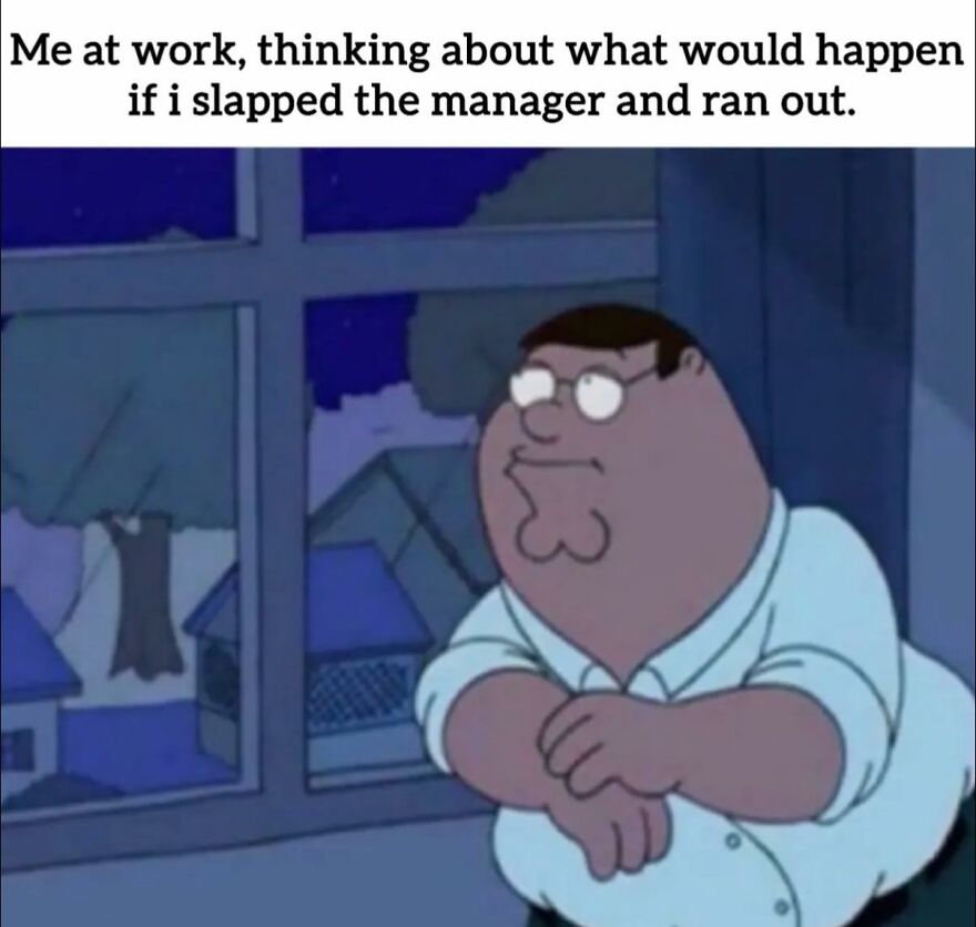 Cartoon man at work looking out window, thinking about slapping manager, reflecting work memes for those who dislike their job.