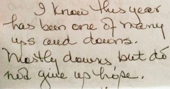 Handwritten note sharing an inspiring story about hope and resilience from one of 75 people’s amazing stories about their moms.