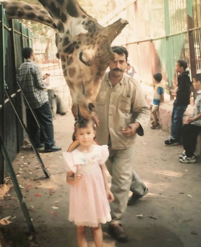 Child in pink dress being licked on the head by a giraffe at a zoo, creating a funny and chaotic childhood photo moment.