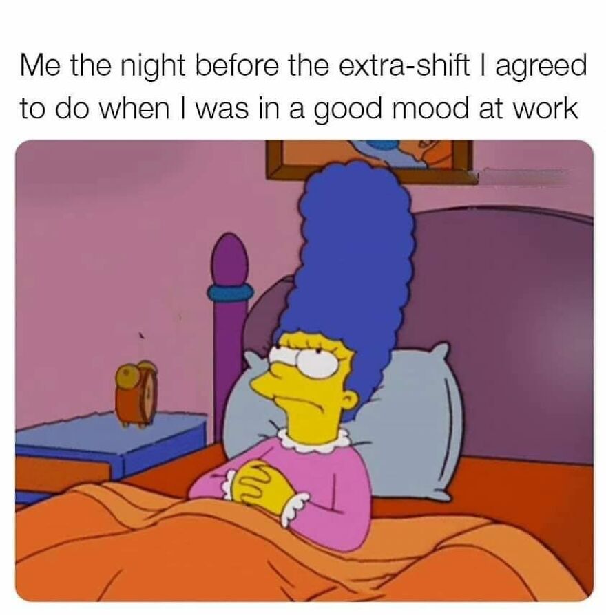Marge Simpson lying awake in bed, regretting agreeing to an extra work shift while in a good mood.