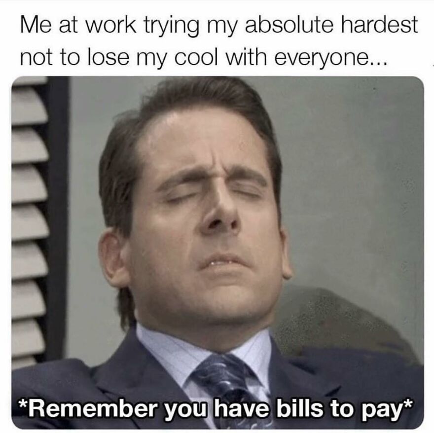 Man in a suit closing eyes and trying to stay calm at work in a relatable work memes about job frustrations.