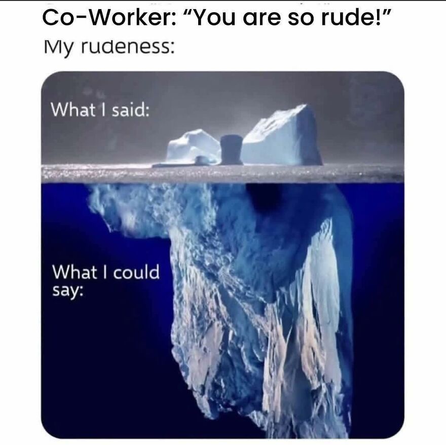 Iceberg meme illustrating hidden feelings of rudeness at work in funny work memes about office interactions and coworker behavior.