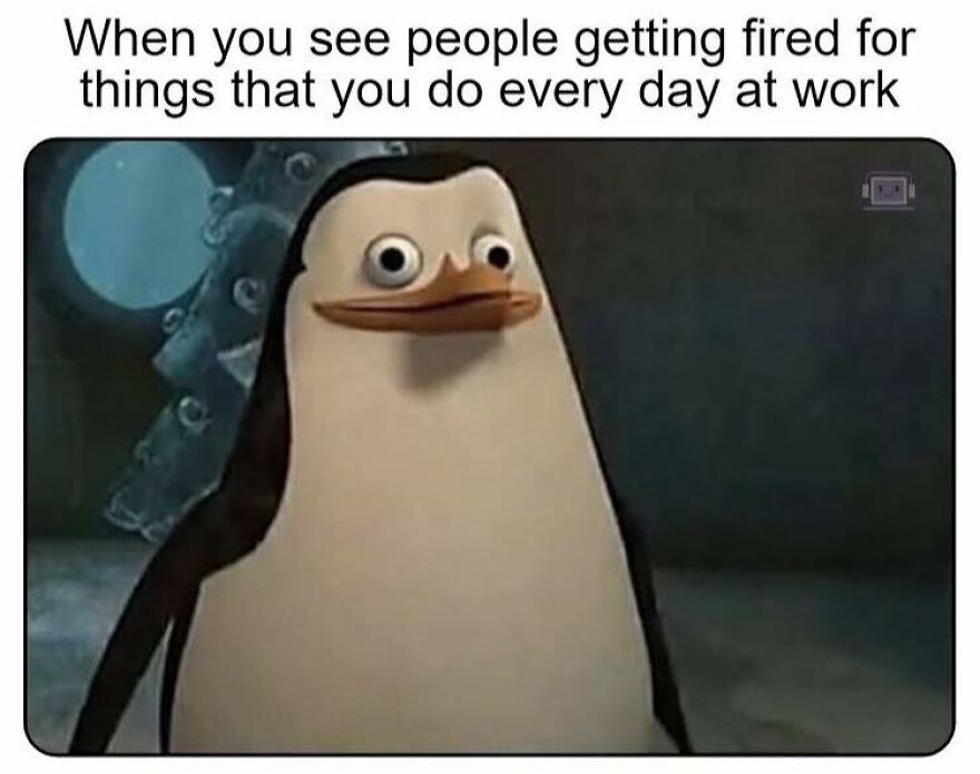 Penguin meme showing awkward realization about work habits, capturing humor in job frustrations and relatable work memes.