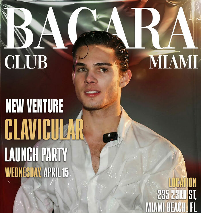 Young man at Bacara Club Miami in a white shirt promoting Clavicular new venture launch party on April 15.