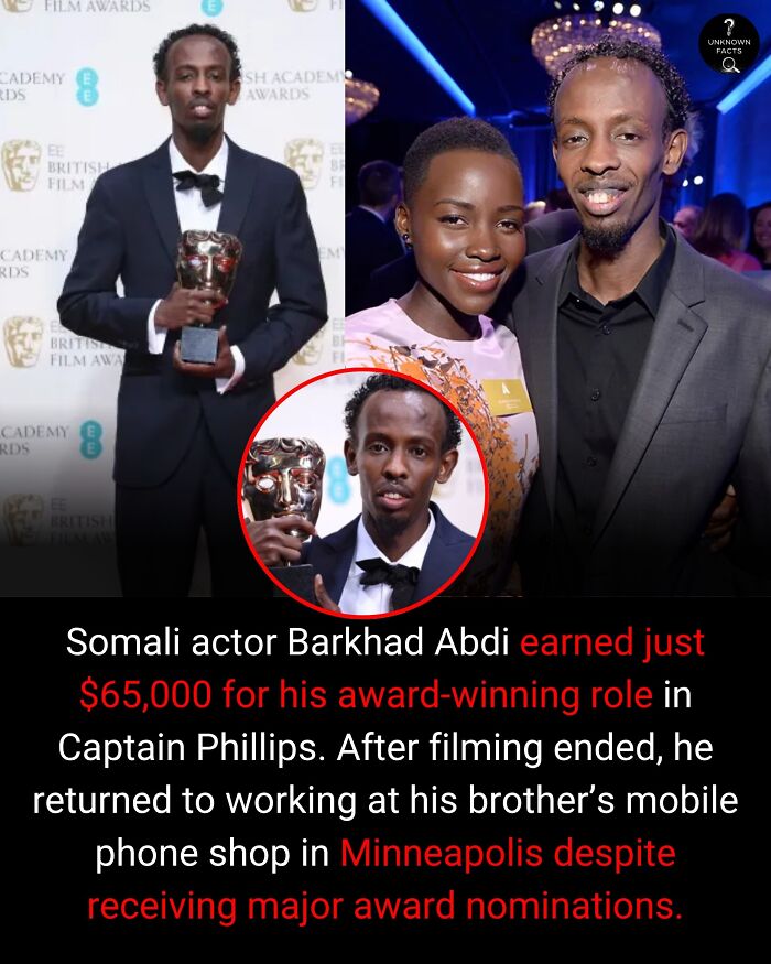 Interesting facts about Barkhad Abdi: holding an award, with Lupita Nyong'o, and a close-up, revealing his journey.