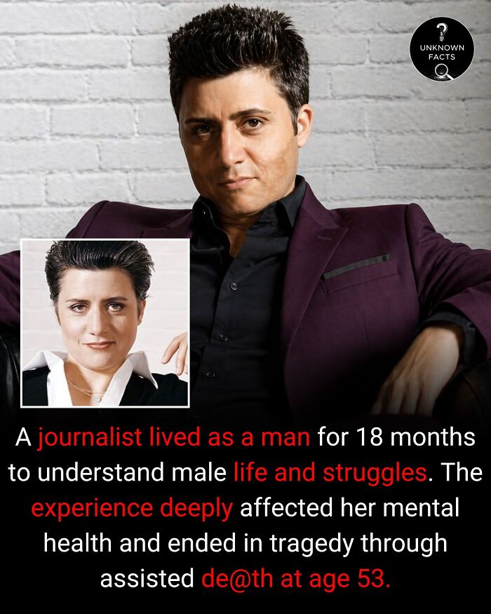 A man in a purple suit with a small inset image of a woman, revealing interesting facts about a journalist's life.